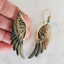 Carved Gray Shell Wing Earrings Bali with 925 Ear Wire