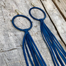 Hoop Tassel Earrings - Cadet Blue, Long Leather Earrings