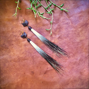Porcupine Hair Earrings, Leather Chevron, Ombre Fringe