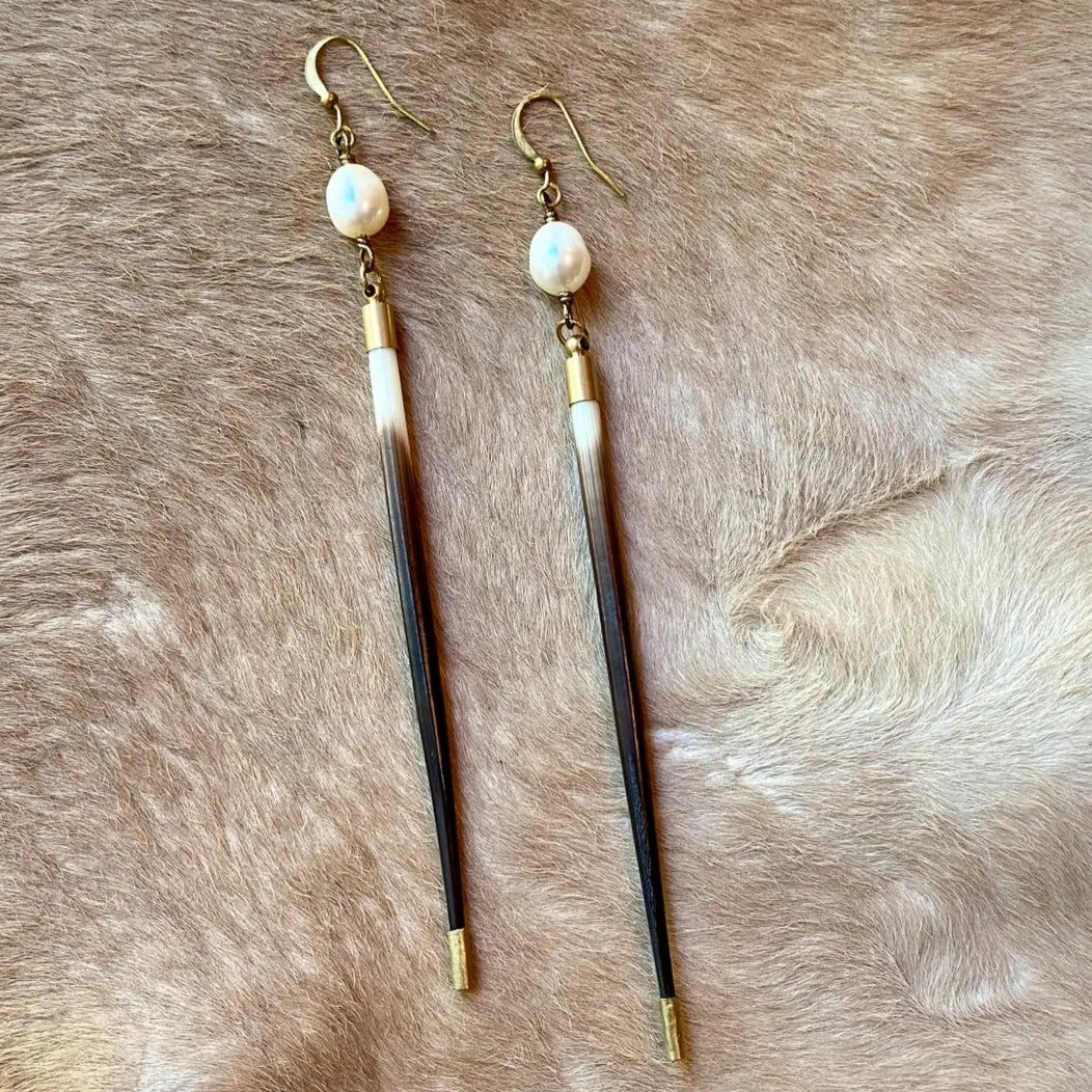 Porcupine Quill & Pearl Earrings, Freshwater Pearls & Quills