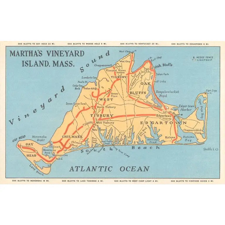 Vintage Postcard Stickers - Sticker Map of Martha's Vineyard
