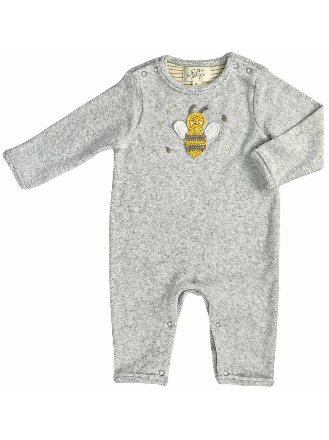 Crochet Bee applique Grey Baby Romper by Albetta Long Sleeve