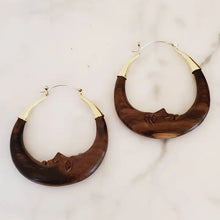 Crescent Moon Carved Wood Hoop Earrings .925 Ear Wire