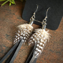 Feather Mini Earrings - Black Leather & Guinea Hen Feathers