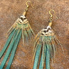 Feather Mini Earrings - Turquoise Leather & Pheasant Feather