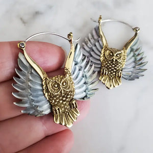 Owl Carved Gray Shell Earrings 925 Sterling Silver Hook Boho