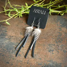 Feather Mini Earrings - Black Leather & Guinea Hen Feathers