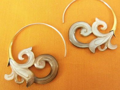 Carved Gray Shell Floral Earrings Bali with 925 Ear Wire