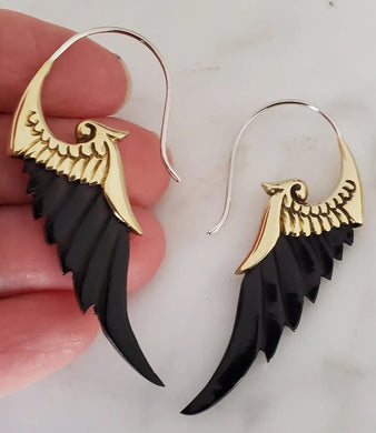 Carved Black Angel Wing Earrings On .925 Sterling Silver Hook