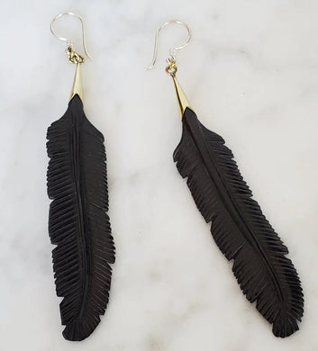 Carved Black Feather Earrings On .925 Sterling Silver Hook