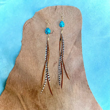 Turquoise & Mini Feather Earrings - Grizzly & Fawn/Gold