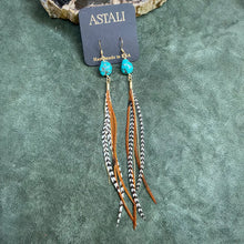 Turquoise & Mini Feather Earrings - Grizzly & Fawn/Gold