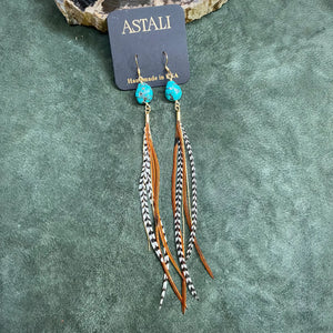 Turquoise & Mini Feather Earrings - Grizzly & Fawn/Gold
