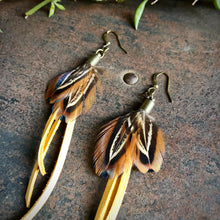Tassel Earrings - Feather Mini Earrings - Gold Leather & Pheasant Feathers