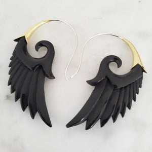 Carved Black Wing Earrings On .925 Sterling Silver Hook