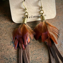 Tassel Earrings - Feather Mini Earrings - Chocolate  Leather & Pheasant Feathers