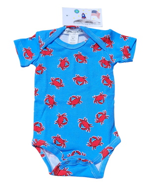 Baby Onesie Crab Print Turquoise Ground with Red Crabs