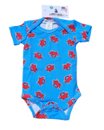 Baby Onesie Crab Print Turquoise Ground with Red Crabs